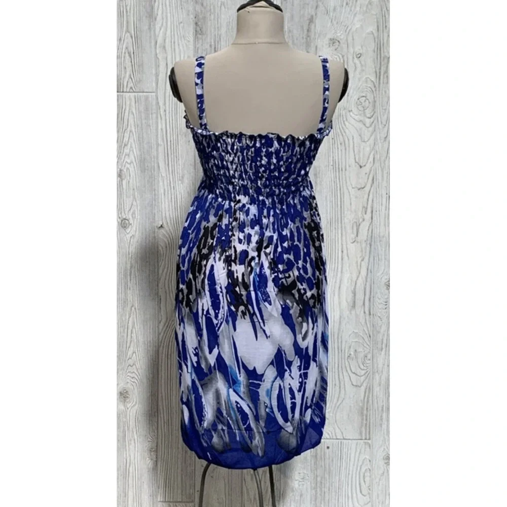 NWT Blue Gray & White Mottled Stretch Gathered Bust Midi Dress Sundress L #16 - Picture 4 of 4